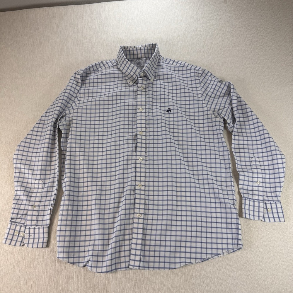 Brooks Brothers Shirt Men's XL Regent Logo White Blue Plaid Button Down Non Iron